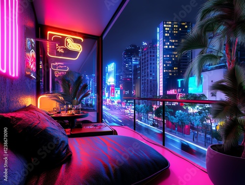 Wallpaper Mural Apartment balcony overlooking a vibrant neonlit street at night, cyberpunk city vibes, futuristic urban energy Torontodigital.ca