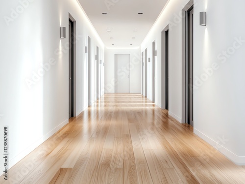Wallpaper Mural Minimalist hallway with white walls, natural wood flooring, sleek lighting, open and uncluttered passageway, serene ambiance Torontodigital.ca