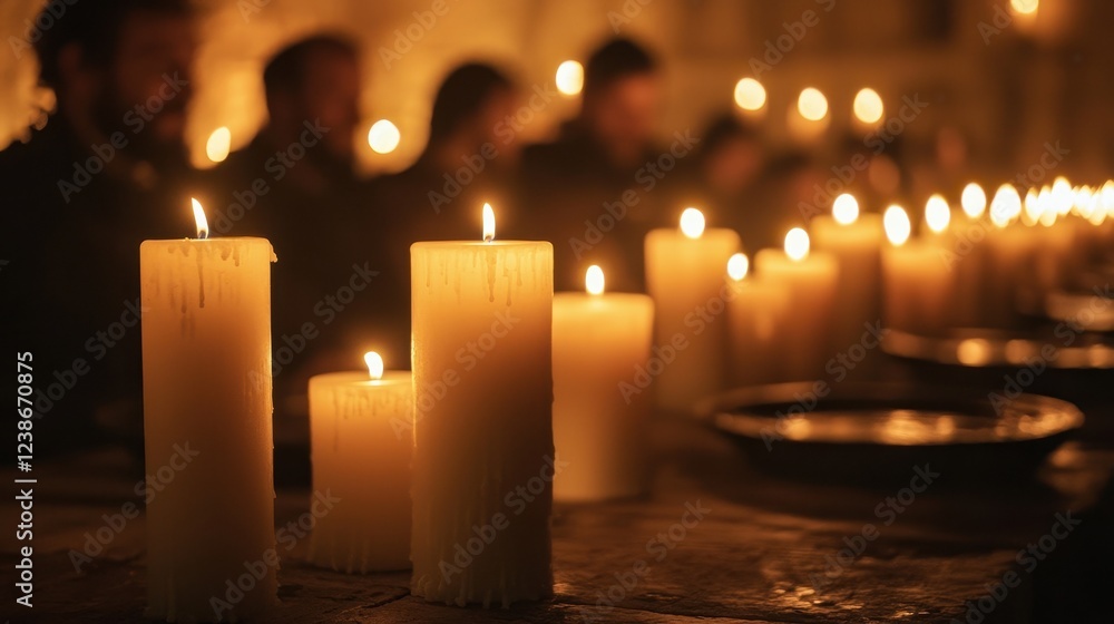 Soft Glow of Candles in Dark Setting with People in Background Soft Glow of Candles in Dark Setting with People in Background