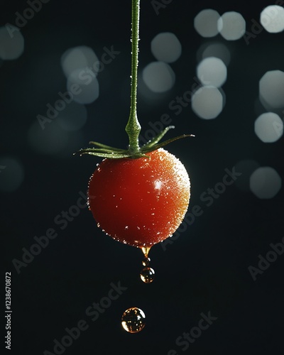 Dewy tomato dripping water nature food photography dark background close-up freshness concept