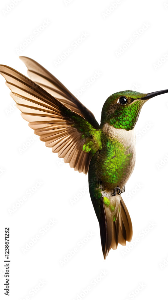 Fototapeta premium A tiny hummingbird with iridescent feathers, hovering in mid-air above a white background. Transparent background