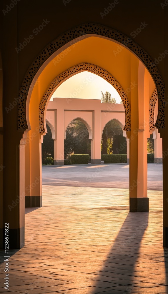 Serene mosque courtyard illuminated by soft sunset light, evoking calmness and spirituality Serene mosque courtyard illuminated by soft sunset light, evoking calmness and spirituality