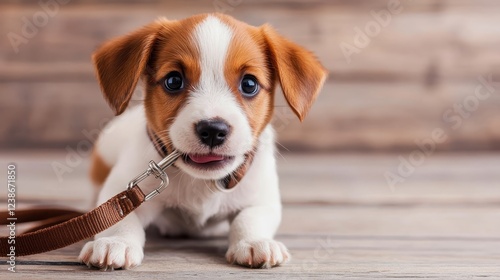 A lively puppy features prominently in this close-up shot, showcasing its brown and white coat and an endearing expression while holding a leash in its mouth. photo