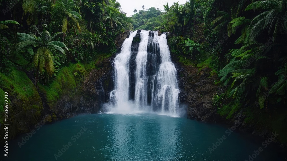 Waterfall scenes nature idea. Serene waterfall cascading into a turquoise pool surrounded by lush greenery.