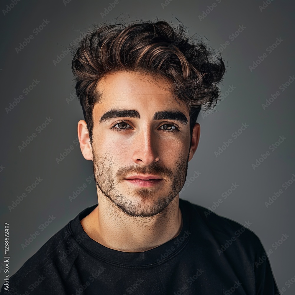 Fototapeta premium guy in black shirt on grey background.