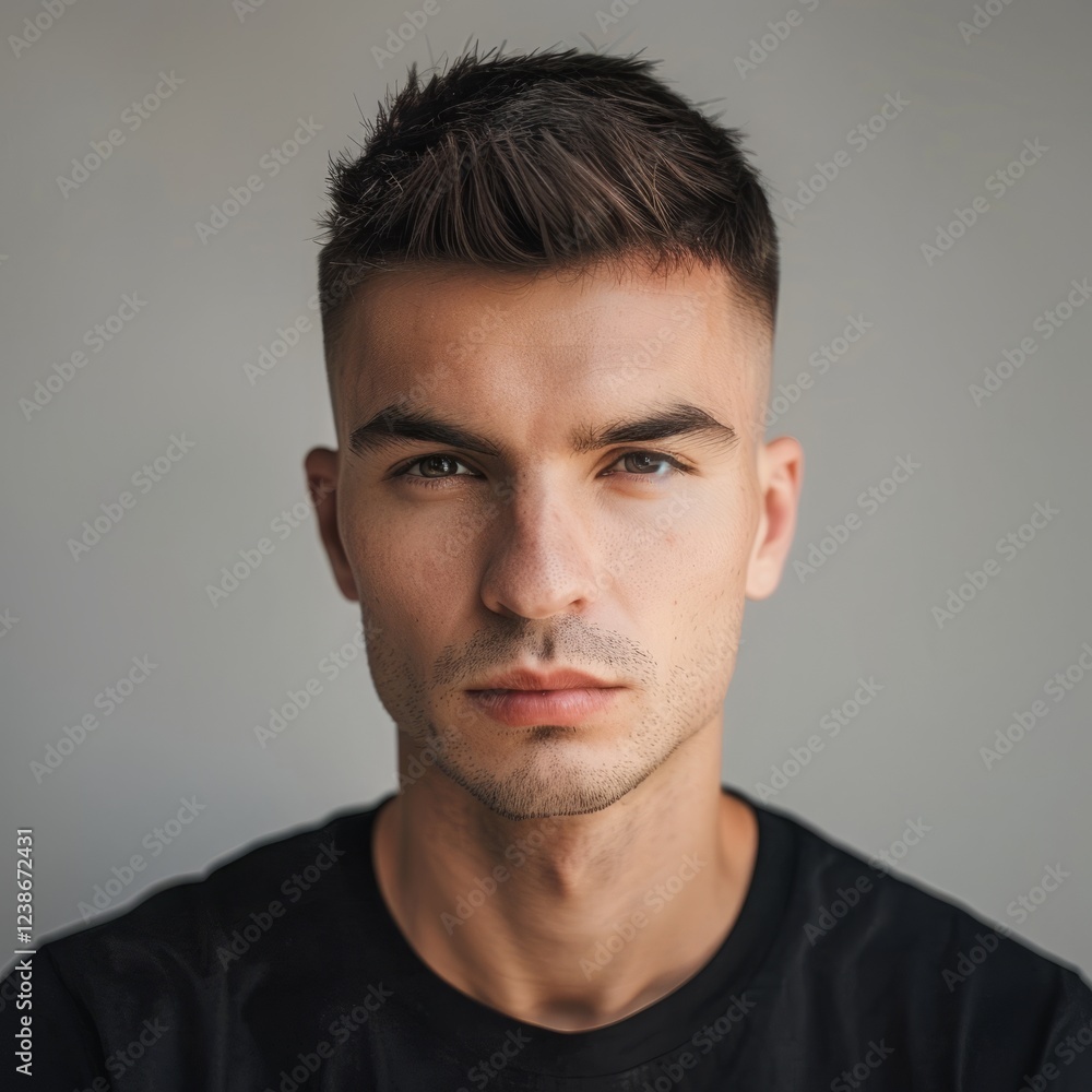 Fototapeta premium guy in black shirt on grey background.