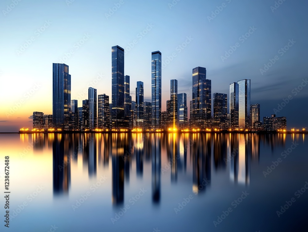 Fototapeta premium Night city skyline, glass skyscraper reflections, 3D illustration
