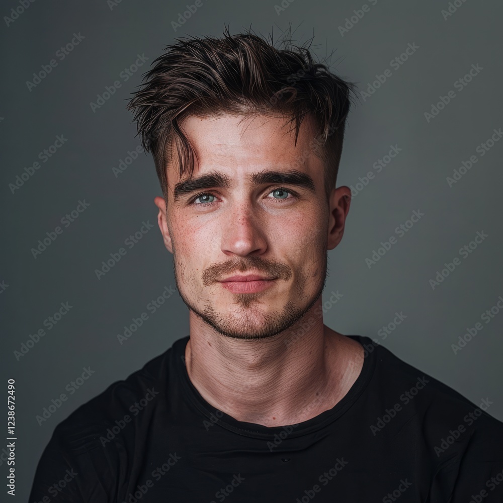 guy in black shirt on grey background. guy in black shirt on grey background.