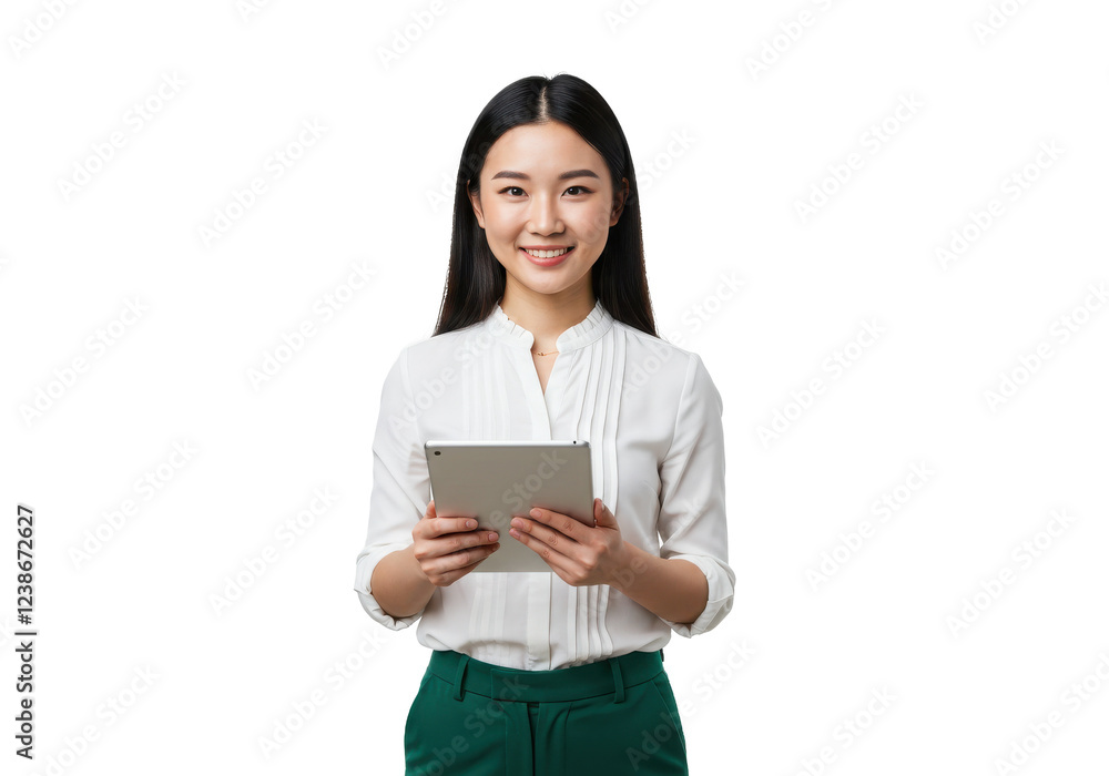 A smiling professional woman holding a tablet, wearing a white blouse and green trousers, isolated on a white background A smiling professional woman holding a tablet, wearing a white blouse and green trousers, isolated on a white background
