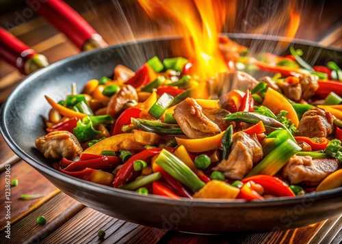 Delicious Spicy Asian Chicken Stir-Fry with Colorful Vegetables - Long Exposure Photography photo