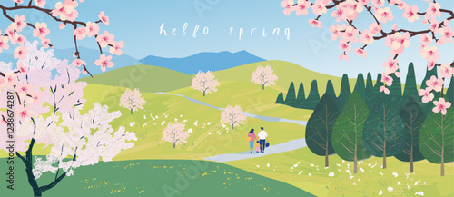 Hello spring! Springtime. Vector illustration of nature, landscape, sakura or cherry blossom, park, trees, family on a walk, field, lawn for background, banner or poster