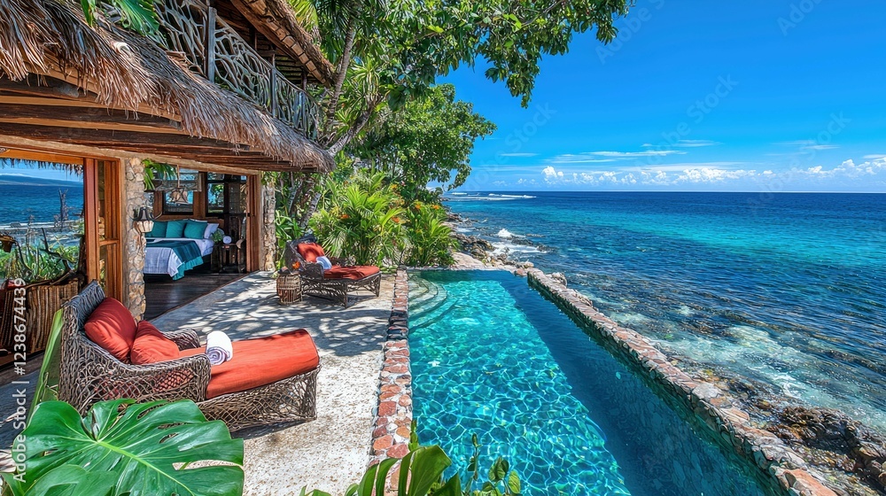 Fototapeta premium Luxury Oceanfront Villa with Private Pool: Tropical Getaway, Stunning Ocean Views, Relaxing Vacation
