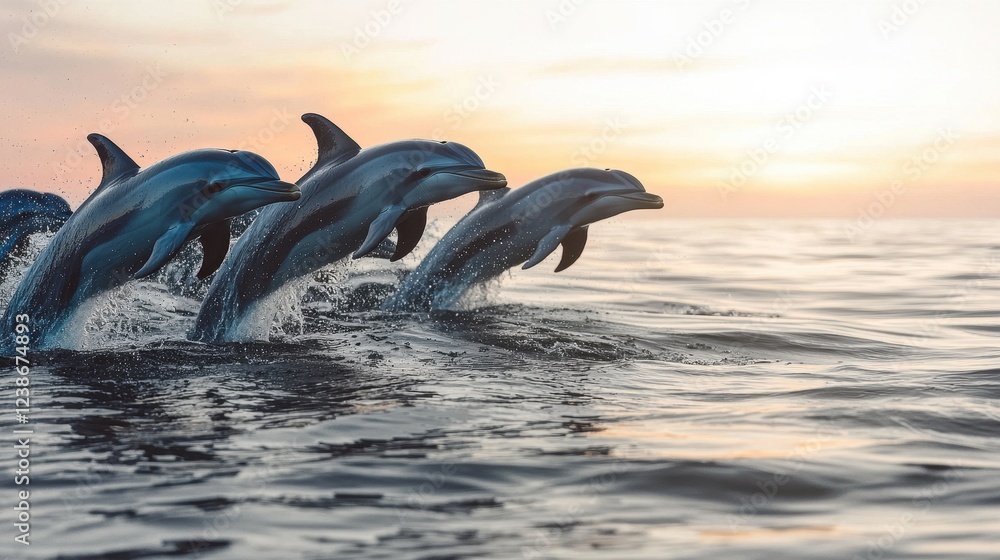 Obraz premium Dolphins Leaping from Water at Sunset Over Calm Ocean Waves