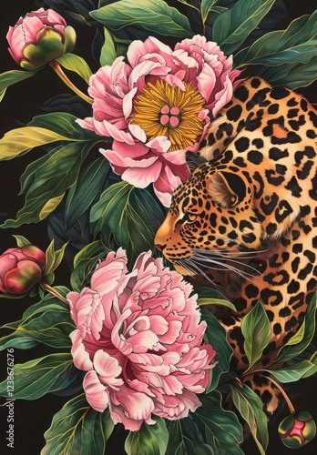 Illustration of leopard with peonies close up on surface.