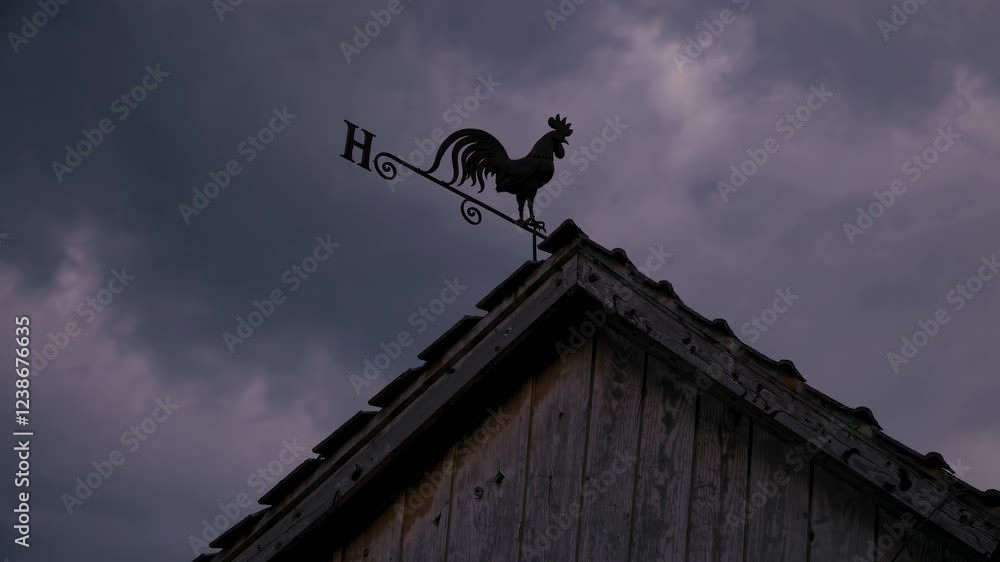 Weather vane on rustic barn rooftop against cloudy sky at twilight Weather vane on rustic barn rooftop against cloudy sky at twilight