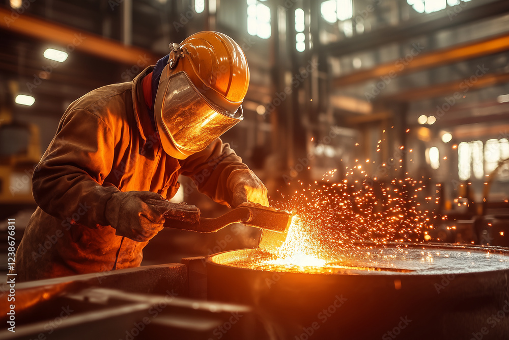 A man in a protective suit is working with a hot piece of metal A man in a protective suit is working with a hot piece of metal