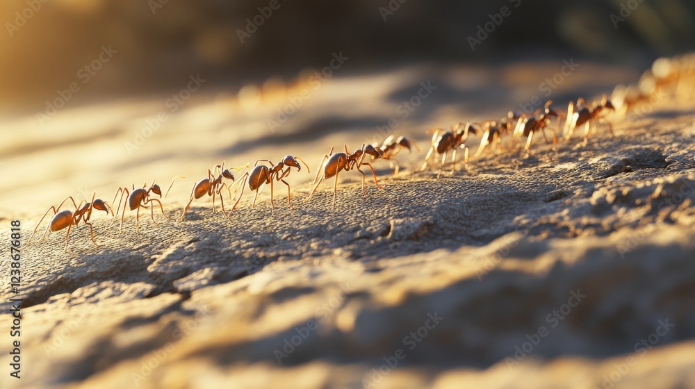 Obraz premium A Line Of Ants Carrying Food Across A Sandy Surface At Sunset.
