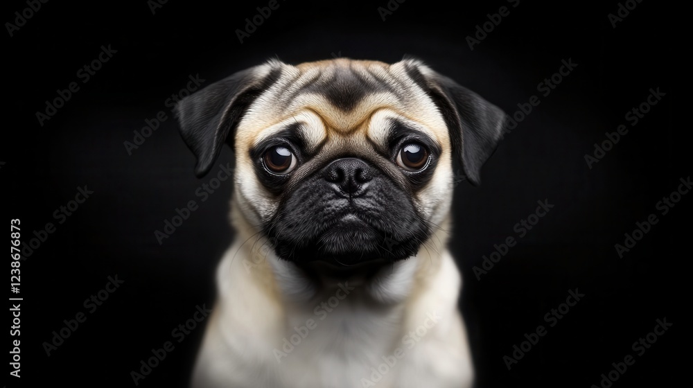 Obraz premium Charming Pug Portrait Against Dark Background with Expressive Eyes