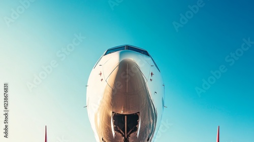 Close up of an airplane s nose against a clear sky, reflecting sunlight and evoking freedom photo