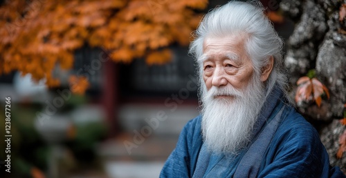 An old man with white hair and a beard sits on a stone wall photo