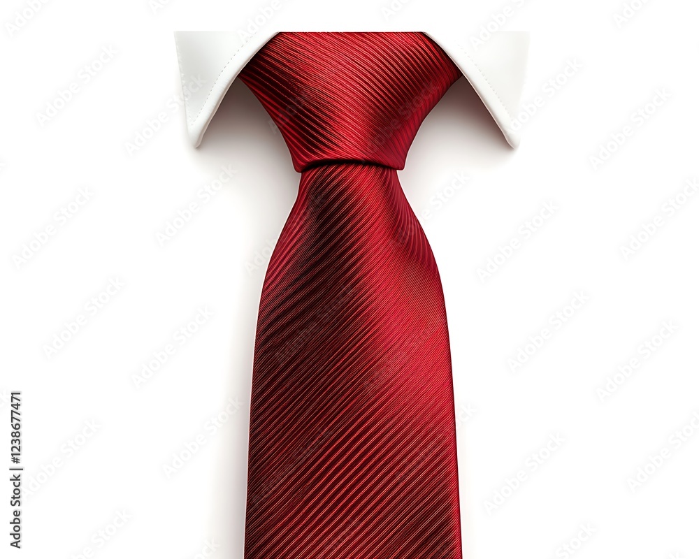 Red tie with diagonal texture and white collar isolated on a white background.