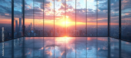Empty modern office with panoramic city sunset view through large windows.