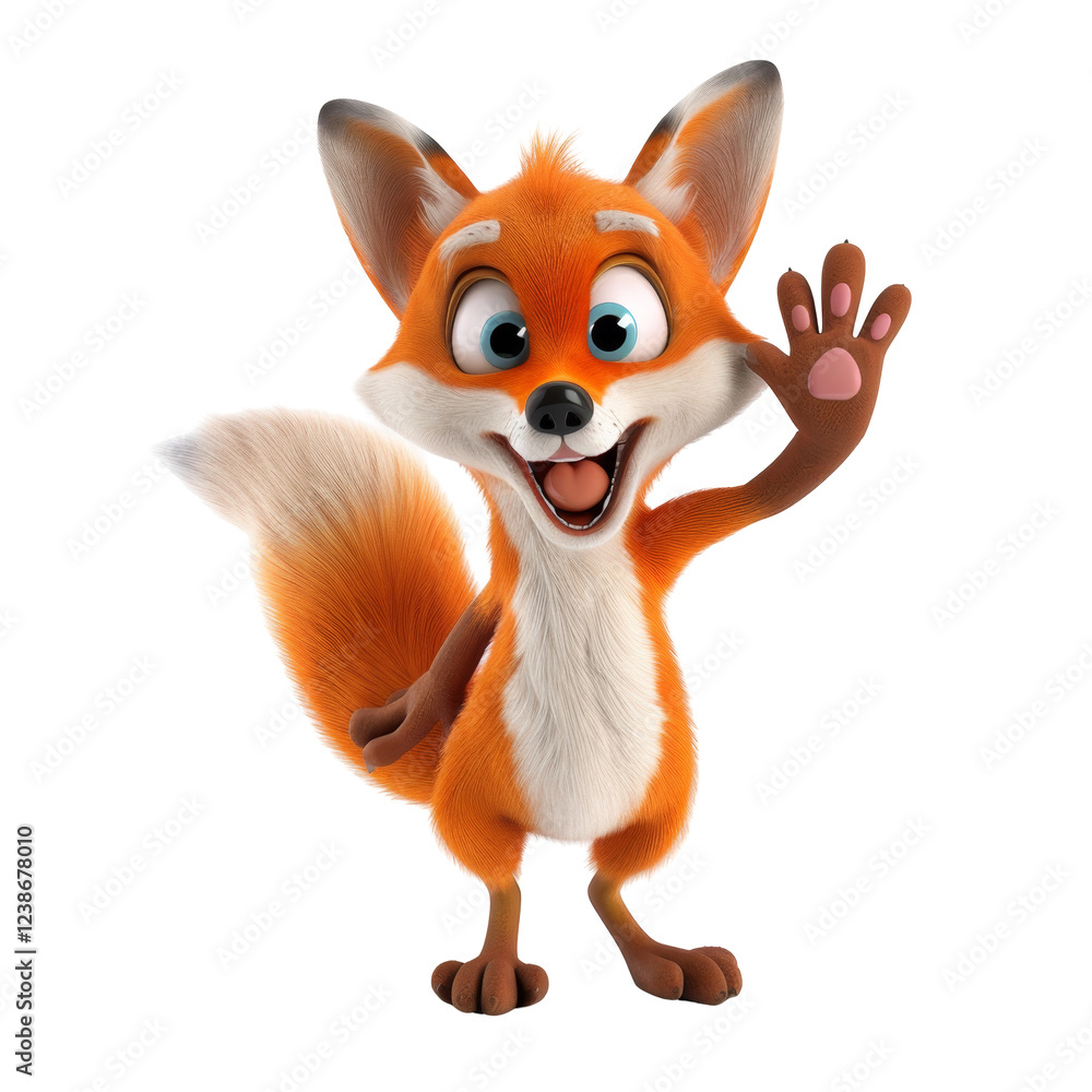 Obraz premium Happy cartoon fox waving with big smile and expressive eyes in a cheerful pose