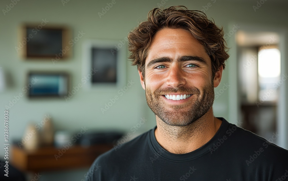 Obraz premium A man with a beard and a smile is standing in front of a home