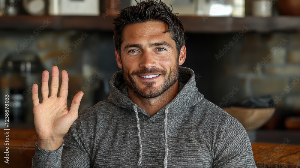 Obraz premium A man is smiling and waving at the camera