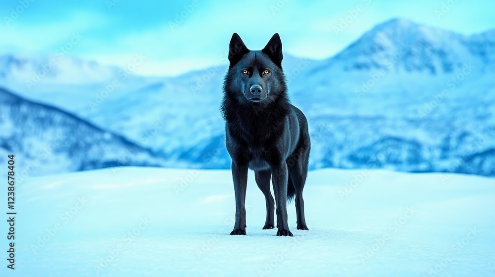 Obraz premium Majestic Black Wolf Stands Alone in Snowy Landscape with Mountains