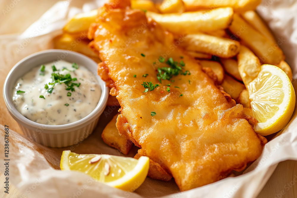 A plate of fish and fries with a side of dipping sauce A plate of fish and fries with a side of dipping sauce