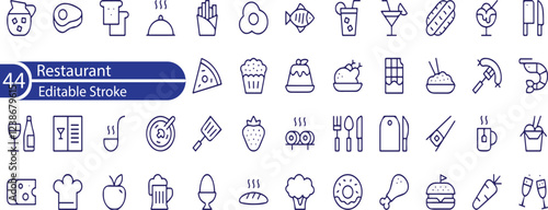 Restaurant Line Editable Icons set. Vector illustration in modern thin line style of public catering related icons. menu categories, table reservations, food and drinks, and more.