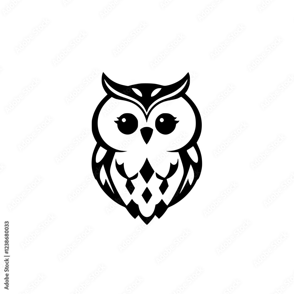 Fototapeta premium Cute Owl: Black and White Geometric Bird Illustration. Perfect logo for wildlife, nature, or animal-themed designs.