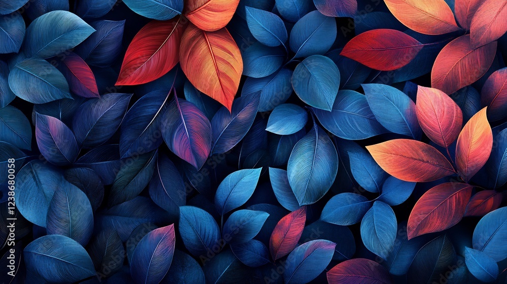 Vibrant autumn leaves dramatically arranged rich blue and red hues. AI Generated Vibrant autumn leaves dramatically arranged rich blue and red hues. AI Generated