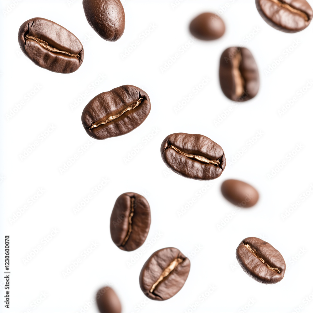 Floating coffee beans captured mid-air, isolated on a clean white background Floating coffee beans captured mid-air, isolated on a clean white background