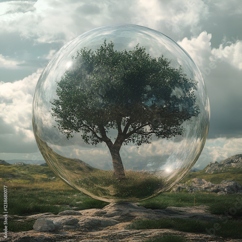 tree in the sky, Tree Encased in a Glass Bubble, Glass Encased Tree
Tree in a Bubble
Protected Tree
Glass Bubble Nature
Futuristic Nature
Surreal Tree
