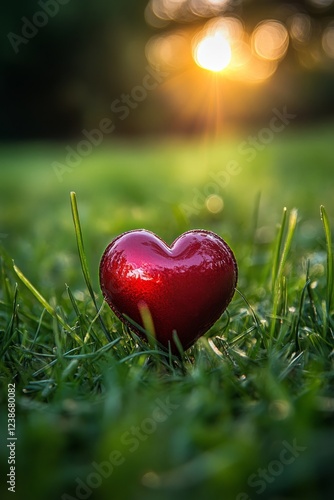 A Red Heart Rests In The Grass, Bathed In The Golden Light Of The Setting Sun.