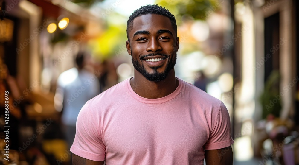 Fototapeta premium A man with a big smile is standing on a street