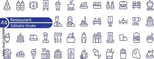 Restaurant Line Editable Icons set. Vector illustration in modern thin line style of public catering related icons. menu categories, table reservations, food and drinks, and more.