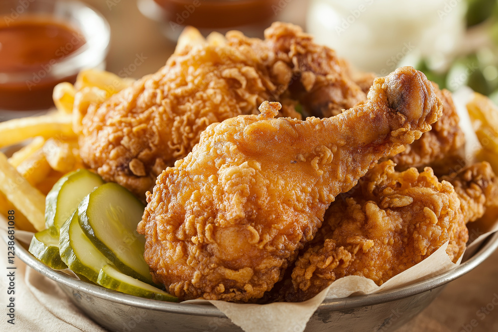 A plate of fried chicken and pickles A plate of fried chicken and pickles