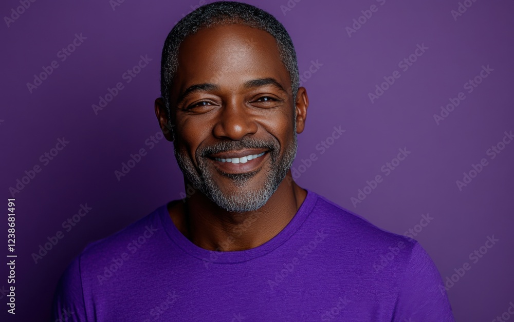 Fototapeta premium A man with a purple shirt is smiling and looking at the camera