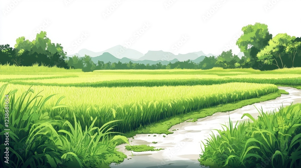 Lush Green Rice Fields with Stream and Mountains in Background Lush Green Rice Fields with Stream and Mountains in Background
