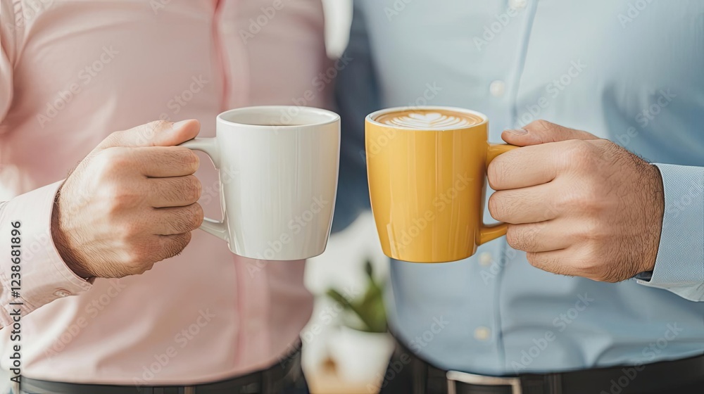 Networking event idea. Two men enjoying coffee in colorful mugs, fostering friendship and conversation. Networking event idea. Two men enjoying coffee in colorful mugs, fostering friendship and conversation.