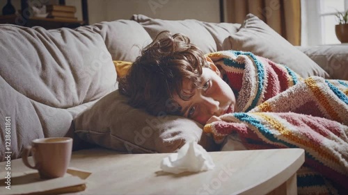 A tender ill sick child laying on the sofa or couch enfolded in a blanket due to a flu and fever looking sadly at camera.