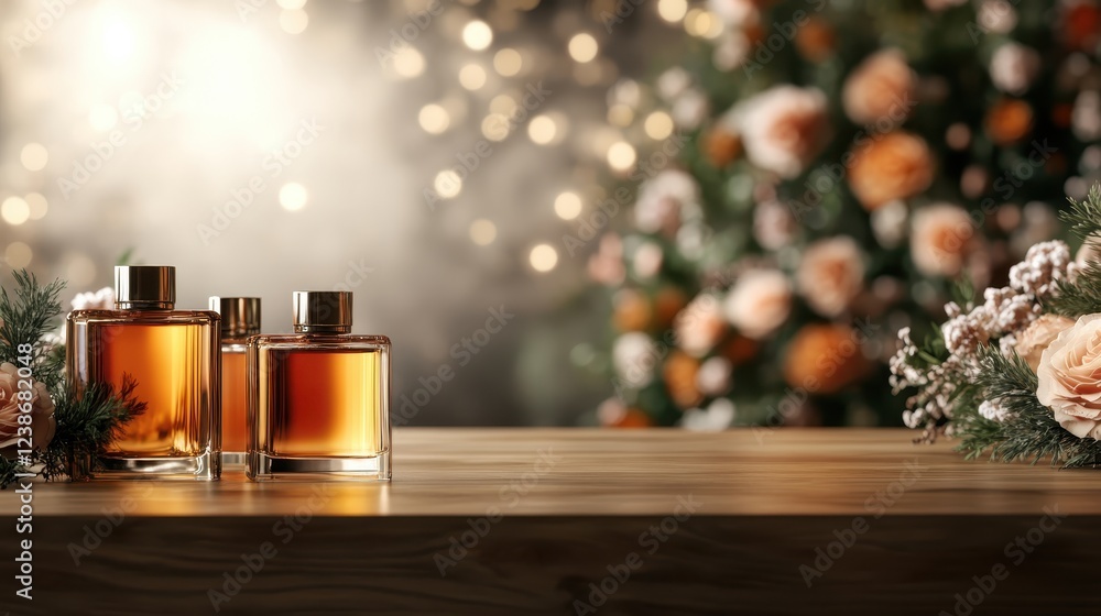 An exquisite display of three perfume bottles amidst a beautifully blurred backdrop of soft floral elements, evoking a sense of luxury and allure.
