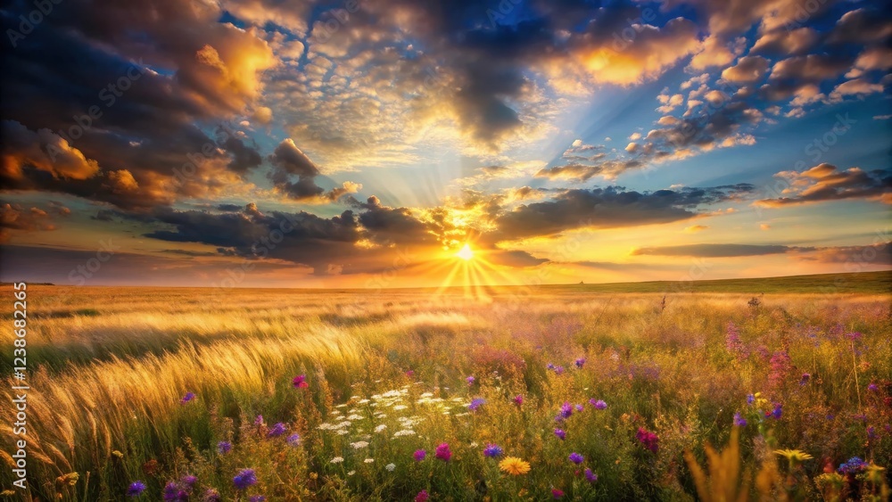 Obraz premium Golden Hour Meadow Serene Sunset over Wildflowers and Grass
