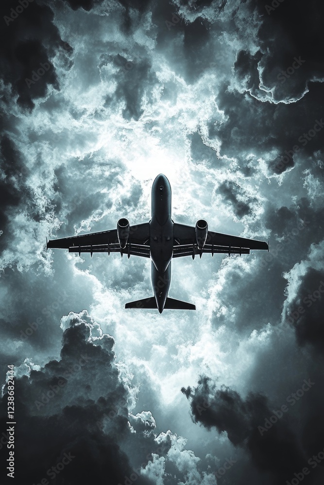 Fototapeta premium An airplane soars through dark, swirling clouds, illuminated by a faint light above, capturing the essence of travel during turbulent weather