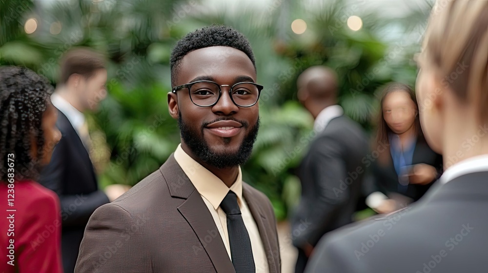 Networking event concept. A confident businessman engaging in a networking event among lush greenery. Networking event concept. A confident businessman engaging in a networking event among lush greenery.