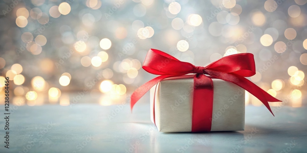 A single elegantly wrapped gift box with a vibrant red ribbon against a shimmering, bokeh background. A single elegantly wrapped gift box with a vibrant red ribbon against a shimmering, bokeh background.