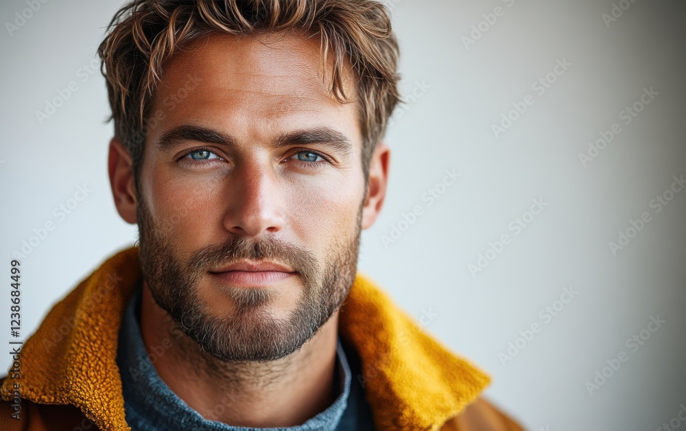 Fototapeta premium A man with a beard and blue eyes is wearing a yellow jacket